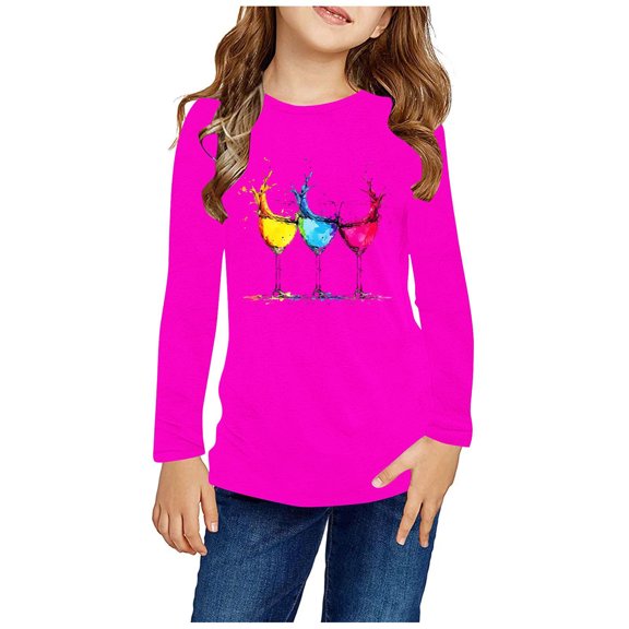 LFEOOST Girls Shirts Long Sleeve Crewneck Tops Casual Cute Basic Tees 3-14 Years Graphic Tees for Teen Girls Toddler Undershirts Hot Pink 3 Years