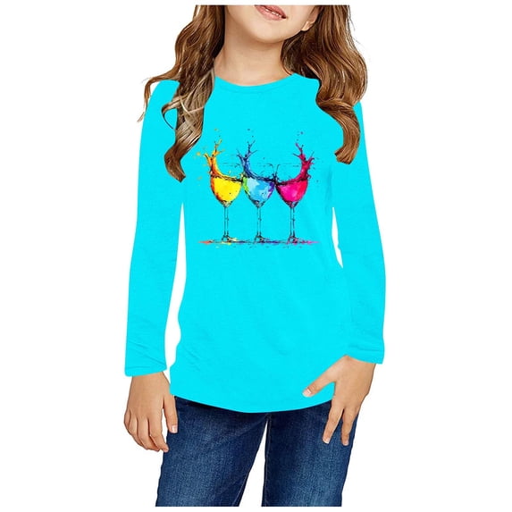 LFEOOST Girls Shirts Long Sleeve Crewneck Tops Casual Cute Basic Tees 3-14 Years Graphic Tees for Teen Girls Toddler Undershirts Light Blue 9 Years