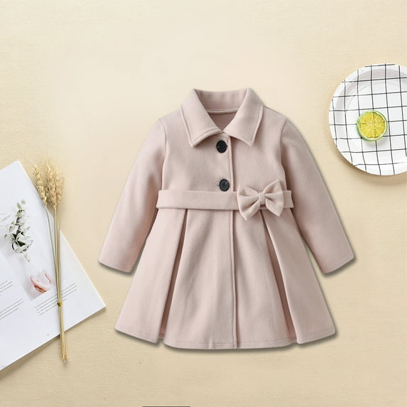 LFEOOST Girls Wool Dress Coat Kids Fall Winter Warm Lapel Button Jacket Overcoat, 2-8 Years Beige 4Y