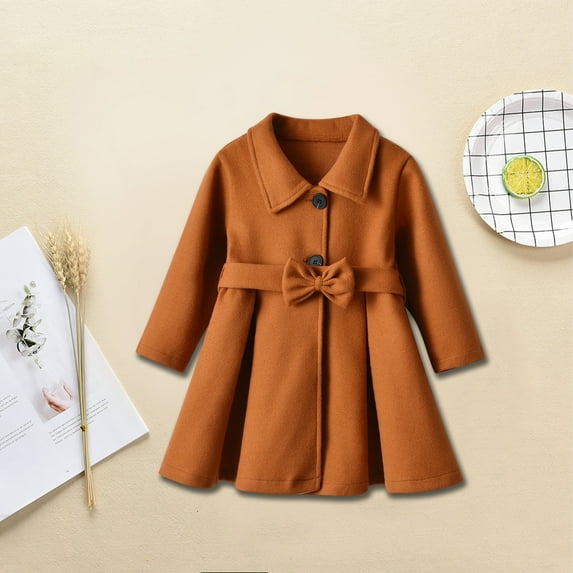 LFEOOST Girls Wool Dress Coat Kids Fall Winter Warm Lapel Button Jacket Overcoat, 2-8 Years Brown 6Y