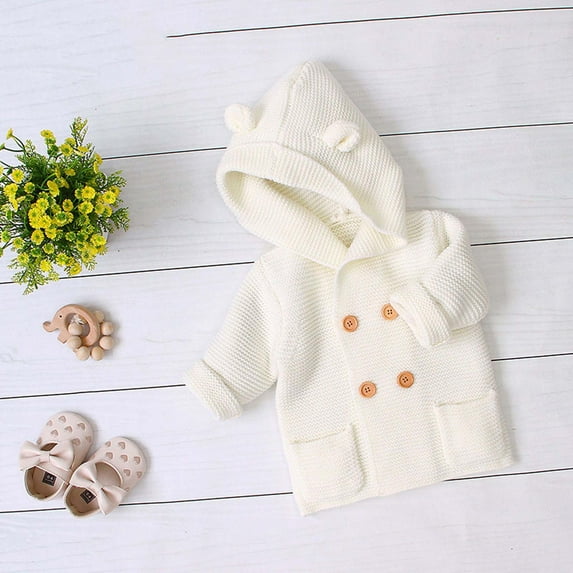 LFEOOST Infant Baby Boys Girls Knitted Cardigan Coat Fall Winter Clothes 3-24 Months,Toddler Fur Collar Hooded Warm Top, 12-18 Months, White