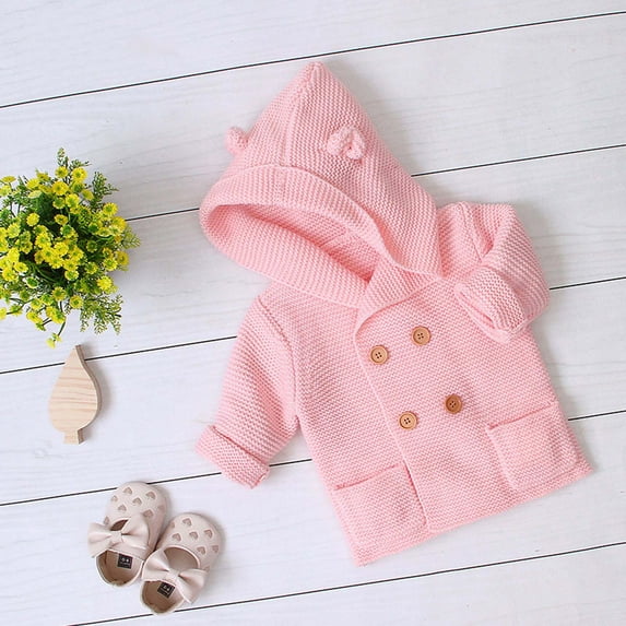 LFEOOST Infant Baby Boys Girls Knitted Cardigan Coat Fall Winter Clothes 3-24 Months,Toddler Fur Collar Hooded Warm Top, 3-6 Months, Pink