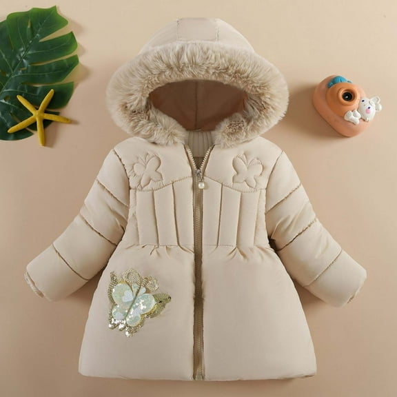 LFEOOST Kids Girls Winter Fleece Jacket Toddler Fur Hooded Puffer Padded Down Dress Coat Outwear 2024 (Khaki, 12 Months)