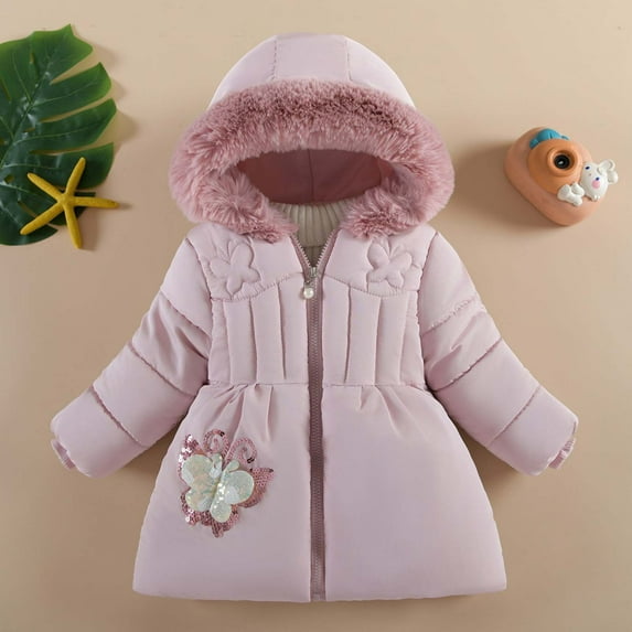 LFEOOST Kids Girls Winter Fleece Jacket Toddler Fur Hooded Puffer Padded Down Dress Coat Outwear 2024 (Pink, 9 Months)
