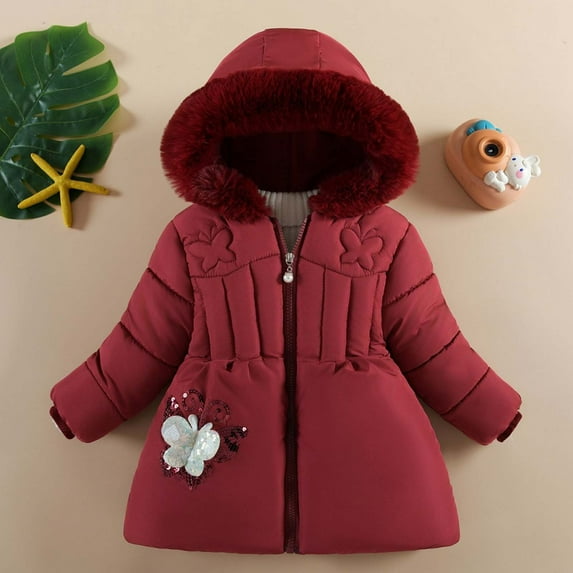 LFEOOST Kids Girls Winter Fleece Jacket Toddler Fur Hooded Puffer Padded Down Dress Coat Outwear 2024 (Red, 9 Months)