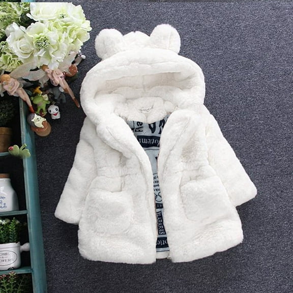 LFEOOST Kids Girls Winter Warm Coats Jacket Clothes Outwear Overcoat Ear Hooded Faux Fur Thicken Fleece Toddler Beige 100