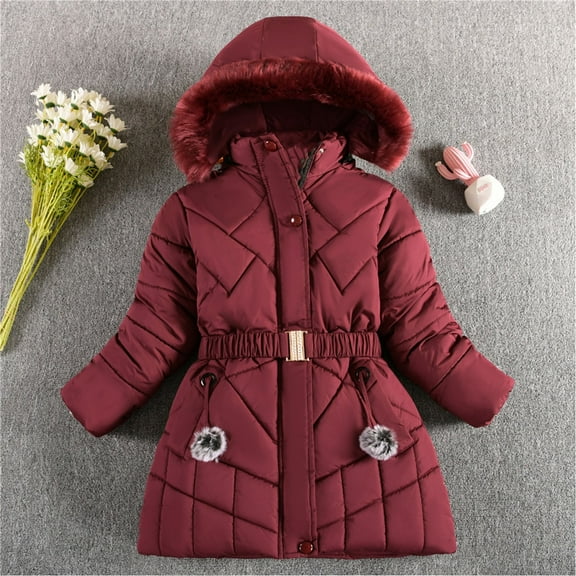 LFEOOST Kids Girls Winter Warm Fleece Lined Jacket Coat Faux Fur Hooded Puffer Coats Soft Thicken Overcoat Wine 130