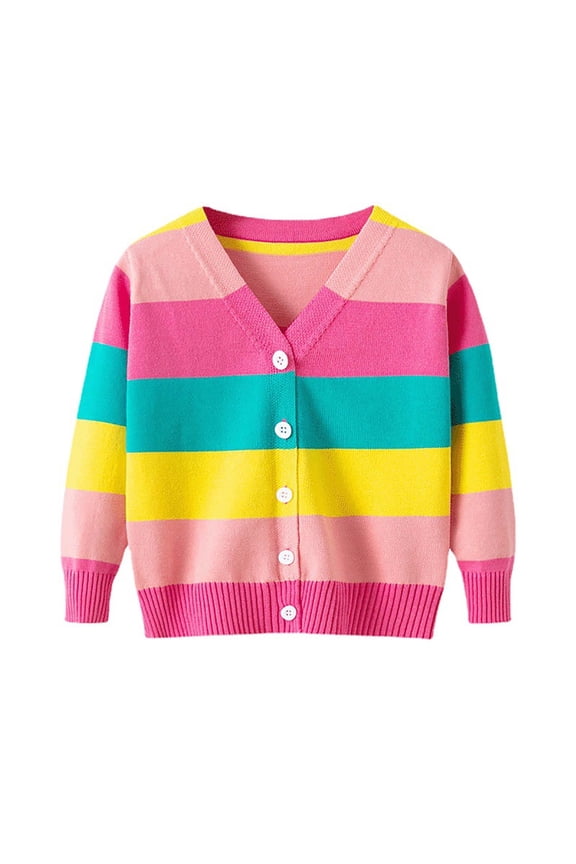 Kids Toddler Girls' Knit Cardigans Sweater Rainbow Color V Neck Cotton Button Long Sleeve Sweaters School Clothes, 2Years, Multicolor