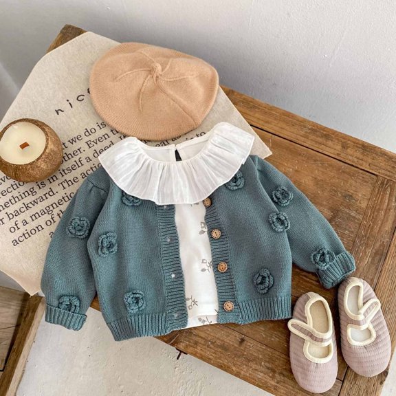 LFEOOST Little Girls Cardigan Sweater Buttons Long Sleeve Toddler Knitted Jacket 0-36 Months Blue 90