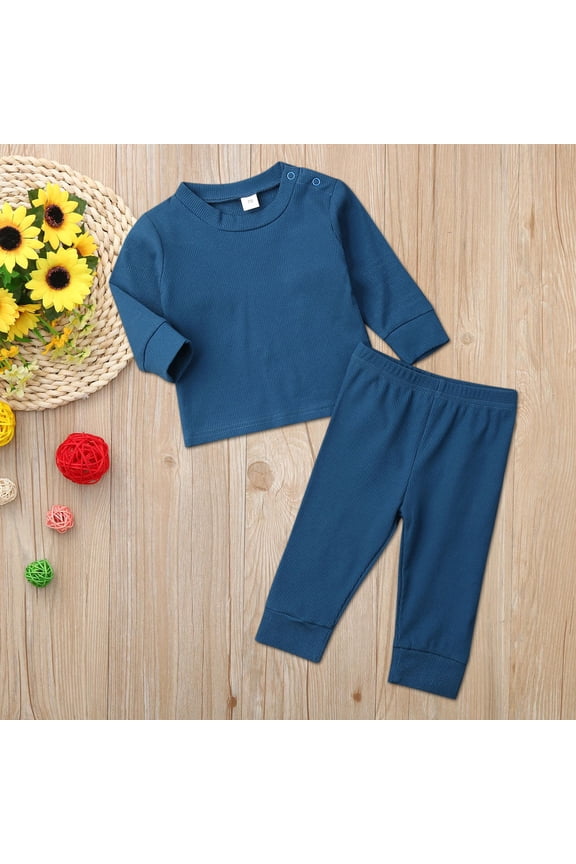 Newborn Toddler Baby Boy Outfits Solid Color Long Sleeve Sweatshirts and Long Pants Sets Cute Baby Clothes Blue 70