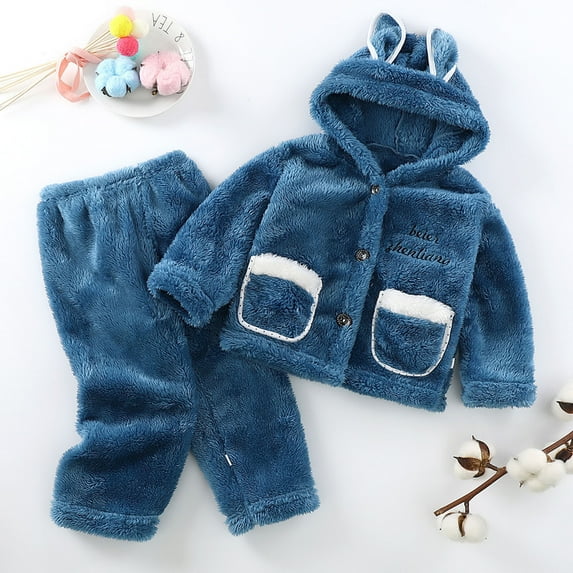 LFEOOST Toddler Baby Fleece Pants Pullover Tops Set Winter Warm Sweatshirt Pants 2pcs Set with Bear Warm Hooded Outfits Blue 5 Years
