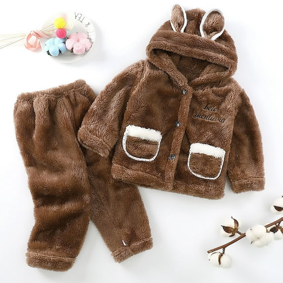 LFEOOST Toddler Baby Fleece Pants Pullover Tops Set Winter Warm Sweatshirt Pants 2pcs Set with Bear Warm Hooded Outfits Coffee 10 Years