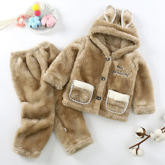 LFEOOST Toddler Baby Fleece Pants Pullover Tops Set Winter Warm Sweatshirt Pants 2pcs Set with Bear Warm Hooded Outfits Khaki 8 Years