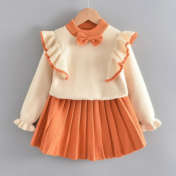 LFEOOST Toddler Baby Girls Fall Outfits Long Sleeve Knitted Sweater Tops Pleated Mini Skirt Set Autumn Winter Clothes Set, 100, Orange