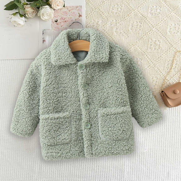 LFEOOST Toddler Baby Girls Winter Fleece Jackets, Warm Long Sleeve Button Coat Fuzzy Plush Lapel Outwear Cardigan with Pockets Green 120