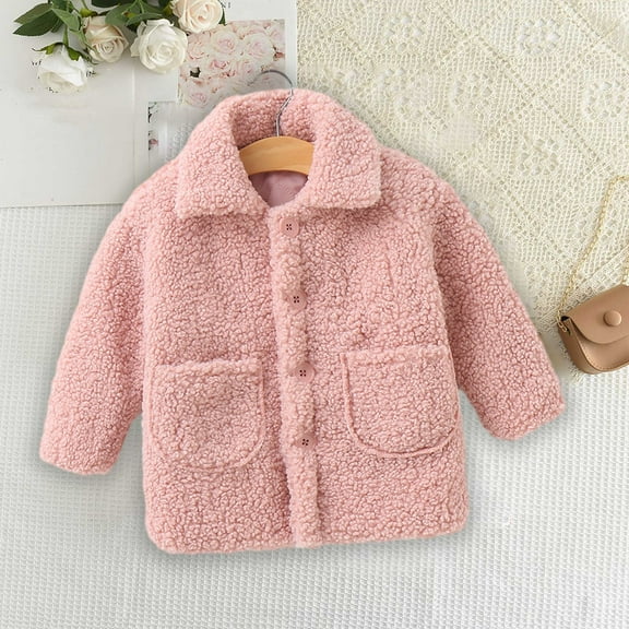 LFEOOST Toddler Baby Girls Winter Fleece Jackets, Warm Long Sleeve Button Coat Fuzzy Plush Lapel Outwear Cardigan with Pockets Pink 140