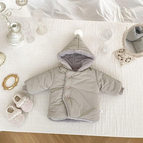 LFEOOST Toddler Baby Plush Soft Cotton Coats Long Sleeve Hooded Jacket with Pompom Newborns Winter Button Warm Outfits (Gray, 9 Months)
