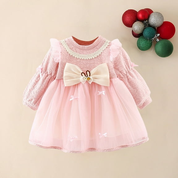 LFEOOST Toddler Dress Autumn Winter Bow Girls Long Sleeve Dress Cute Mesh Birthday Party Dress Flower Girl Dress 1-4 Months (Pink, 1Y（80/6）)