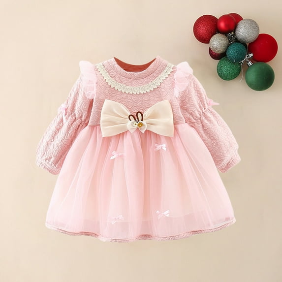 LFEOOST Toddler Dress Autumn Winter Bow Girls Long Sleeve Dress Cute Mesh Birthday Party Dress Flower Girl Dress 1-4 Months (Pink, 1Y(80/6))