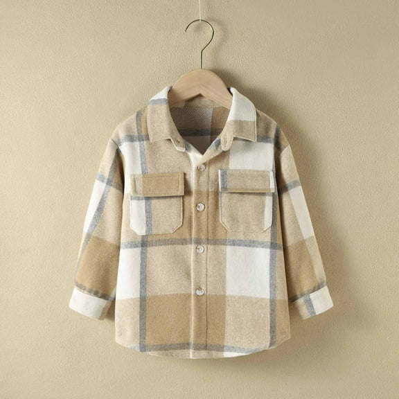 LFEOOST Toddler Girl Boy Plaid Jacket Button Down Flannel Thick Shirt Fall Winter Coat Khaki 2-3 Years