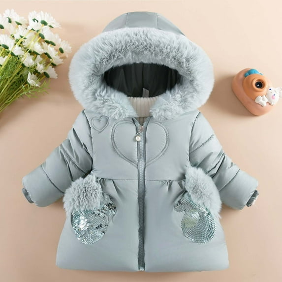LFEOOST Toddler Girls Winter Puffer Jacket Fur Lined Down Hooded Coat Thick Windproof Outwear (Light Blue, 9 Months)