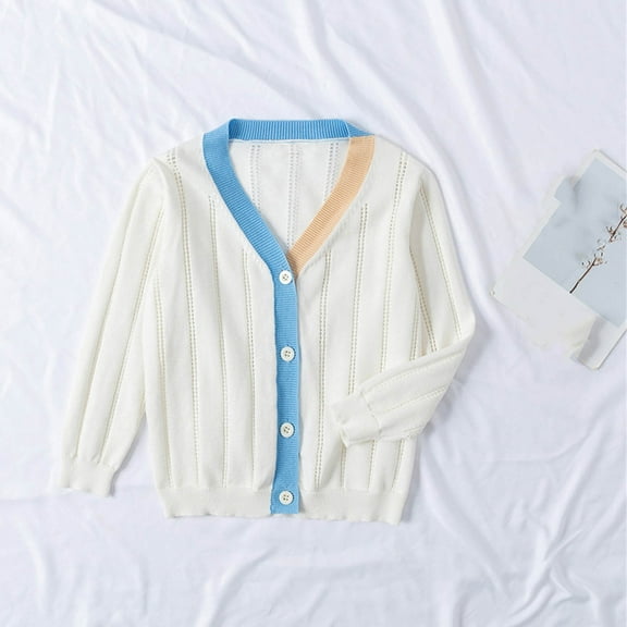 LFEOOST Unisex Boy' Girls' Cardigans Sweater V-Neck Long Sleeve Button Soild Cotton Knit Sweaters for 18 Months-7 Years, 4-5 Years, White