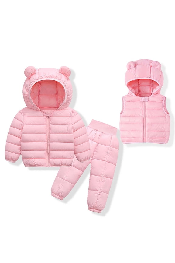 Winter Hooded Down Coat and Pants Suit for Kids Baby Boys Girls Lightweight Puffer Bear Hoods Infant Outerwear (1-2 Years, Pink)