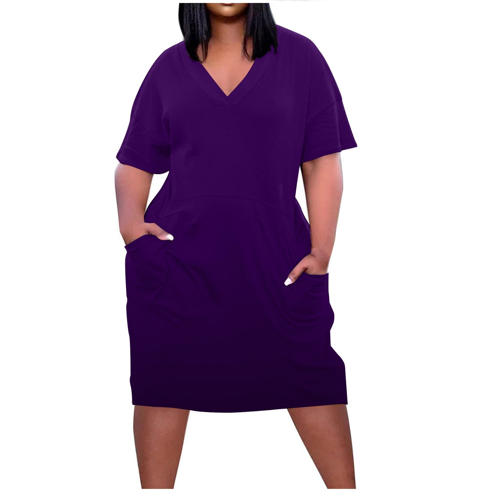 LFEOOSTPlus Size Dresses for Curvy Women Summer Fashion Short Sleeve Casual  V Neck Ladies Solid Loose Midi Dress with Pocket - Walmart.com