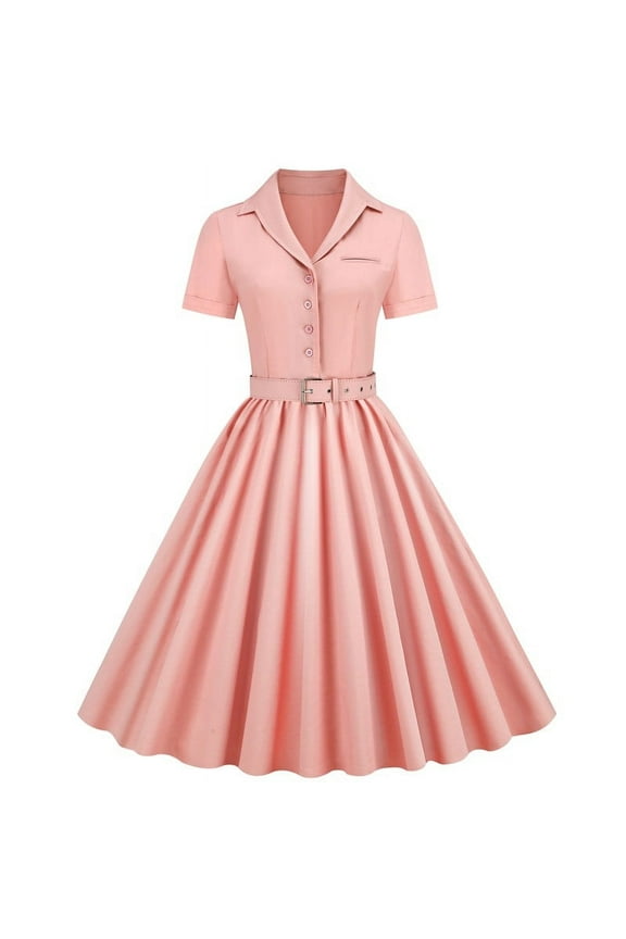 Women's 1950s Retro Rockabilly Dress Short Sleeve Button V Neck Vintage Swing Dress Belt Buckle Pleated Party Dresses