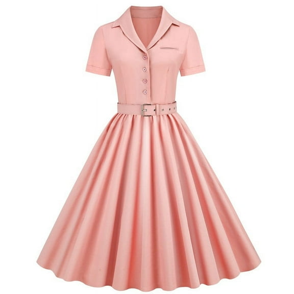 LFEOOSTWomen's 1950s Retro Rockabilly Dress Short Sleeve Button V Neck Vintage Swing Dress Belt Buckle Pleated Party Dresses