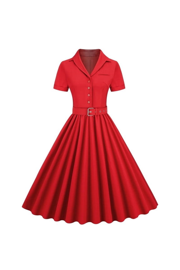 Women's 1950s Retro Rockabilly Dress Short Sleeve Button V Neck Vintage Swing Dress Belt Buckle Pleated Party Dresses