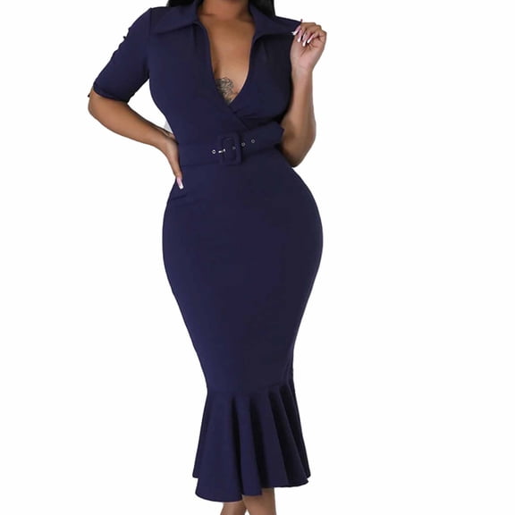 LFEOOSTWomen's Sexy Bodycon Maxi Dress Wrap V Neck Waist Belt Fishtail Hem Dresses Evening Gown Cocktail Party Long Dress
