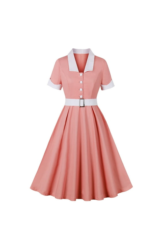 Womens 1950s Vintage Cocktail Dress Short Sleeve Button Lapel Belt Retro Audrey Hepburn Style Party Swing Dresses