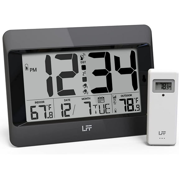 LFF Atomic Clock,Digital Wall Clock Battery Operated,Desk Alarm Clock with Indoor & Outdoor Temperature, Date,Large Display,Wireless Outdoor Sensor, Clock for Bedroom,Living Room,Office,Auto DST