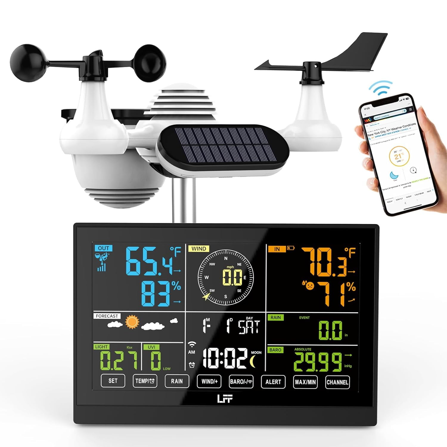LFF Weather Station, Indoor/Outdoor, Wireless, Rain Gauge, UV, Wind