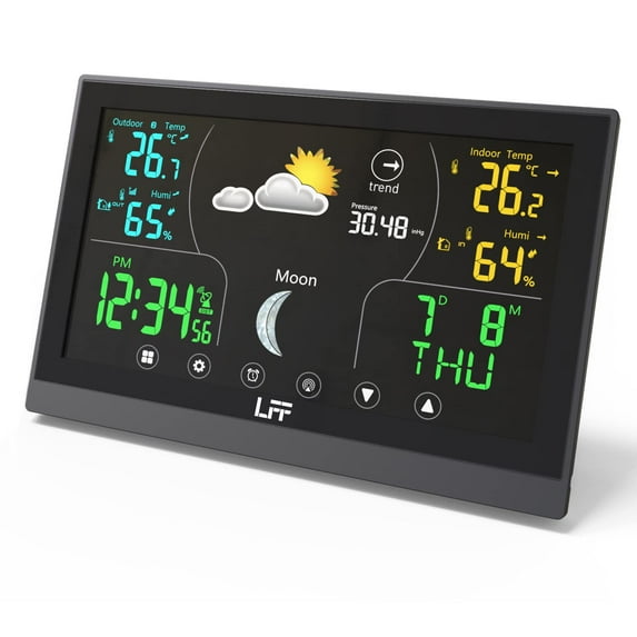 LFF Weather Stations, Wireless Indoor Outdoor Thermometer, Color Display Digital Weather Station with Atomic Clock, Forecast Station and Calendar