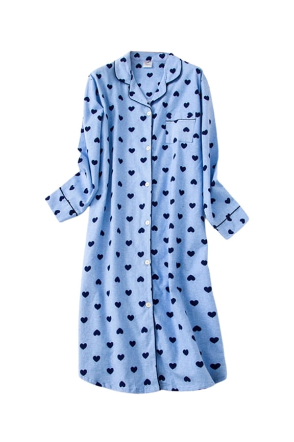 Women Cotton Nightgown Button down Nightshirt Long Sleeve Pajama Dress V-Neck Plaid Night Robe Spring Autumn Womens Nightdress X-XL