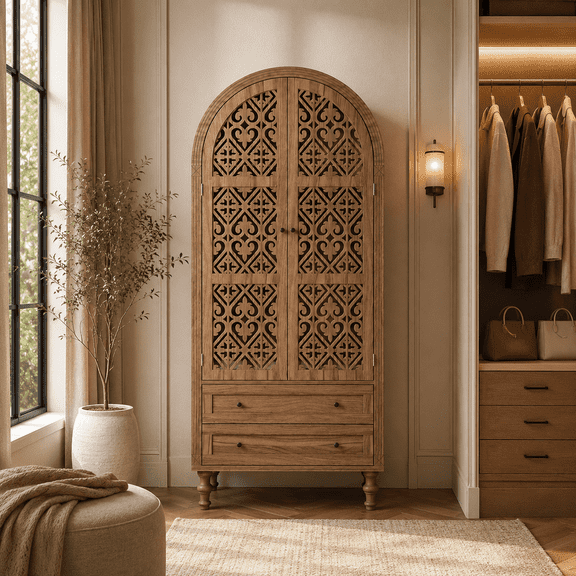 LFGUIZO 70"Walnut American Retro Arched Wardrobe with 2 Carved Doors 2 Drawers, Free Standing Storage Cabinet Armoire with Solid Wood Legs,Bedroom, Living Room