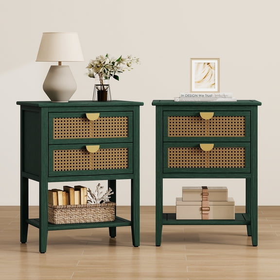 LFGUIZO 22" Forest Green Boho End Table Set of 2, with Natural Rattan Drawers & Open Shelf, Modern Accent Side Table for Living Room & Bedroom