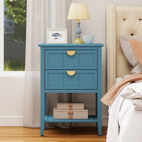 LFGUIZO 30.7" Tall Blue Accent Side Table with 2 Storage Drawers, Bedside Table with Open Shelf, Modern Wood End Table for Bedroom Living Room, Gold Handles