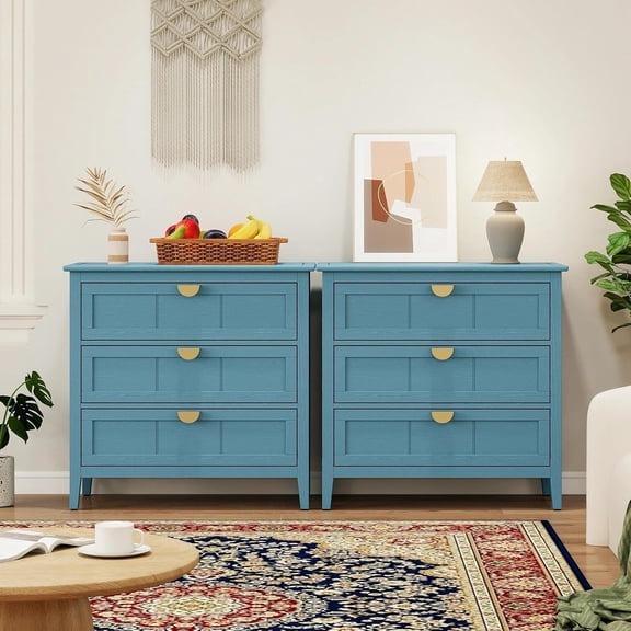 LFGUIZO 31.5" Blue Accent Cabinet Set of 2, Mid-Century 3-Drawer Dresser with Gold Handles & Wood Grain Texture, 63" Wide Sideboard for Living Room & Entryway