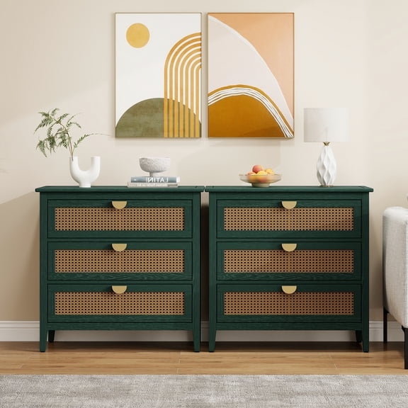 LFGUIZO 31.5" Retro Green Accent Cabinet Set of 2, 3-Drawer Boho Dresser with Natural Rattan Doors & Gold Handles, Wide Sideboard for Living Room & Entryway