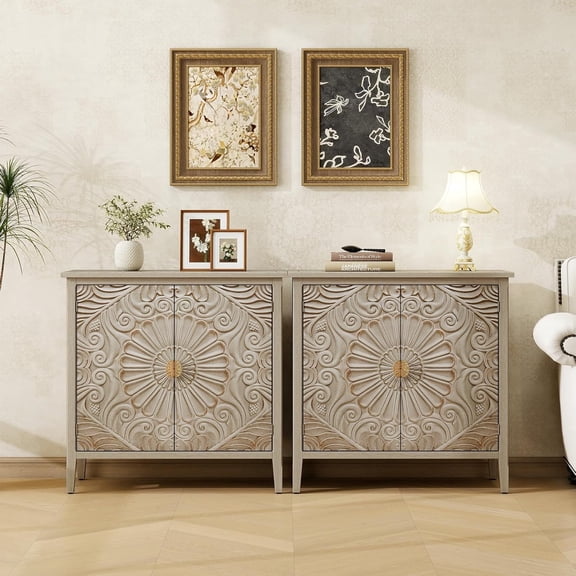 LFGUIZO 31.5" Vintage 2 Door Carved Buffet Accent Cabinet Set of 2 Adjustable Shelves, Storage Space for Entryway, Living Room Kitchen