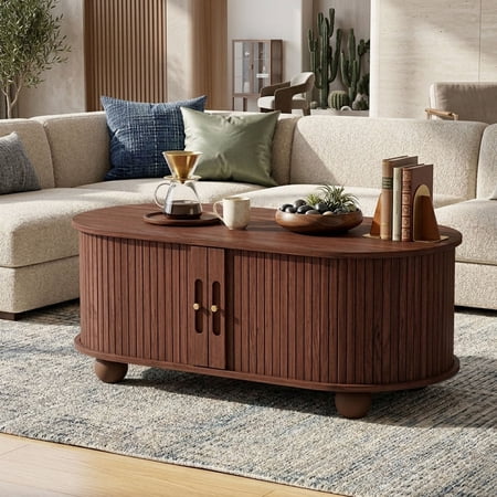 LFGUIZO 39.98” Oval Coffee Table with Hidden Storage, Mid-Century Modern Fluted Wood Coffee Table with 360° Sliding Doors, Solid Wood Legs, Walnut Center Table for Living Room