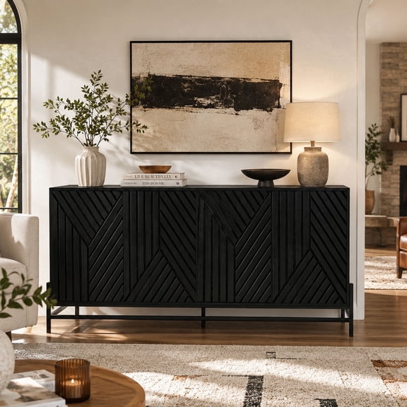 LFGUIZO 59" Black Fluted Sideboard Buffet Cabinet, 4-Door Press-to-Open Wood Console, Geometric Carving Lines Coffee Bar Table for Living Room & Dining