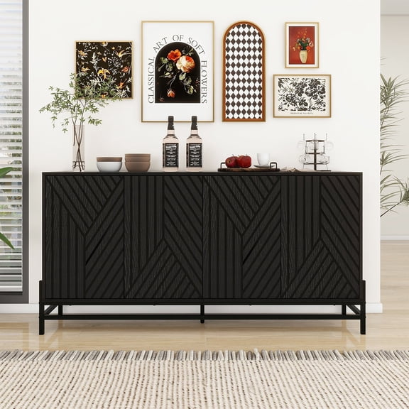 LFGUIZO 59" Black Fluted Sideboard Buffet Cabinet, 4-Door Press-to-Open Wood Console, Geometric Carving Lines Coffee Bar Table for Living Room & Dining