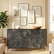 LFGUIZO 59" Black 4 Door 2 Rack,Modern Wave Texture, Storage Buffet Sideboard Cabinet with Adjustable Shelves, Dining Room, Living Room,Kitchen