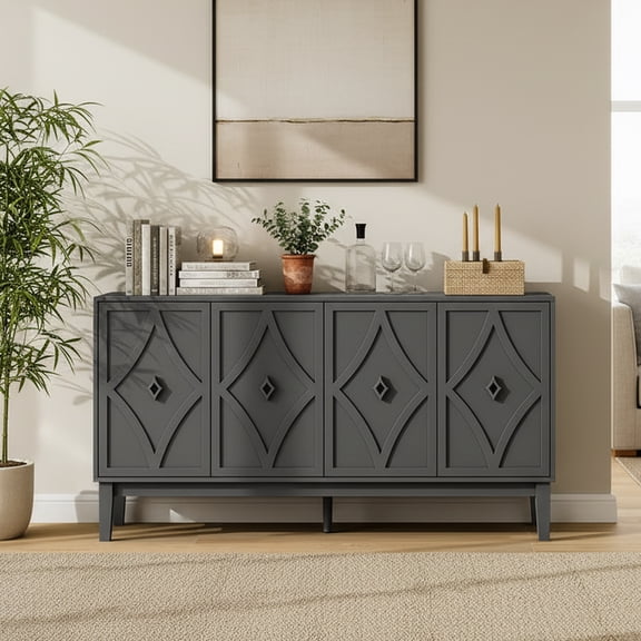 LFGUIZO 59" Greyish Black Sideboard Buffet Cabinet with 4 Doors, Modern Storage Cabinet with Adjustable Shelves, Large Console Table for Dining Room, Living Room Entryway