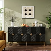 LFGUIZO 59" Modern Sideboard Buffet Cabinet with 4 Carved Doors and 2 Adjustable Shelves, Black Credenza Storage Console with Gold Metal Legs Living room