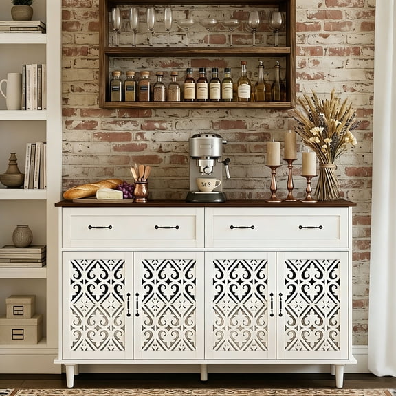 LFGUIZO 59-Inch Extra Wide Farmhouse Sideboard Buffet Cabinet 4 Heart Carving Doors 2 Drawers, Large Console Table Adjustable Shelves for Entryway, Living Room, Dining Room White